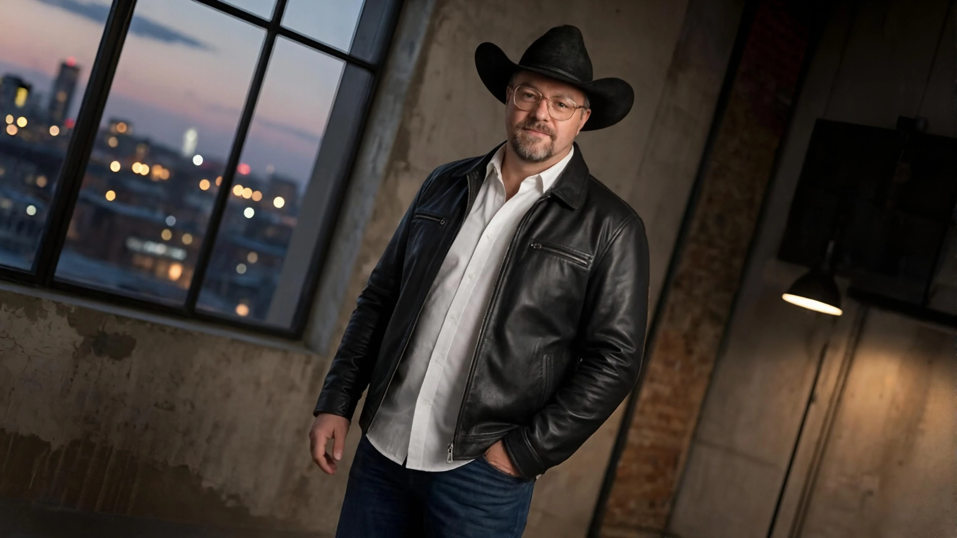 Chad Sanders in a city loft at dusk, leather jacket, industrial brick walls